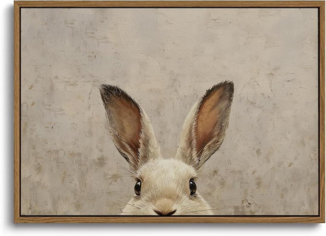 KISSFOX Framed Wall Art Vintage Wall Decor Rabbit Pictures Easter Bunny Canvas Art Rustic Animal Paintings Retro Artwork For Bedroom Living Room Kitchen, Easter Bunny, Framed, 24"L x 16"W