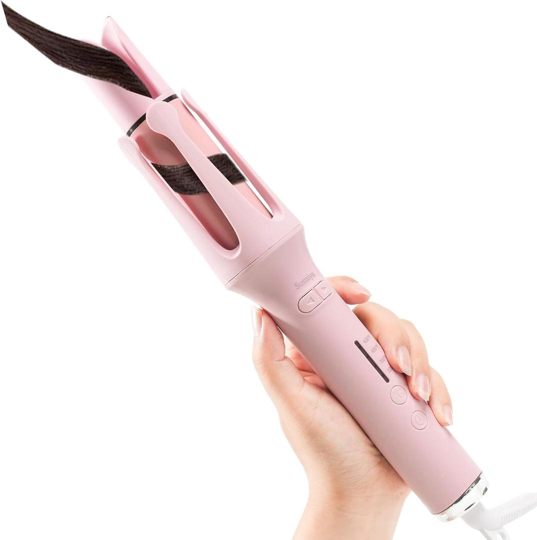 Automatic Rotating Curling Iron with 4 Temperature - Beach Waves Curling Wand, Portable Hair Curler, Dual Voltage & Lightweight for Travel, Automatic Shut-Off, Anti-Scald-Pink
