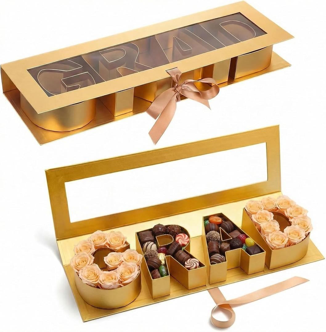 Trandraft Graduation Flower Gift Box Empty Grad Letter Large Flower Box with Ribbon Chocolate Rose Bouquet Package for Graduation Birthday Class Reunion Party Favor Supplies (Gold,with Window)