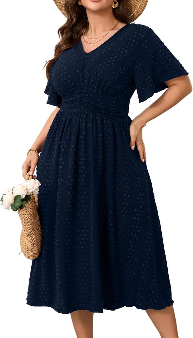 RWJ Women's Plus Size Maxi Dress V Neck Short Sleeve Swiss Dot A Line High Waist Flowy Casual Summer Dresses 2025 XL