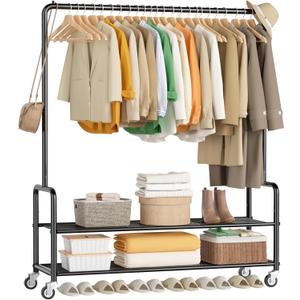 MISSLO Heavy Duty Clothes Rack with Shelves 46.5" Large Rolling Clothing Racks for Hanging Clothes, Garment, Coat, Black