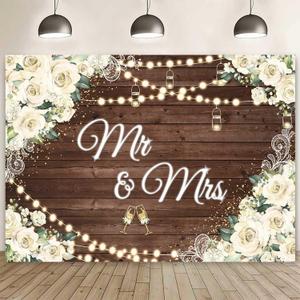 7x5ft Floral Mr and Mrs Engagement Decorations Backdrop White Flowers Wooden Wedding Shower Background Bride and Groom Engaged Ceremony Anniversary Bridal Shower Party Banner Photo Booth Props