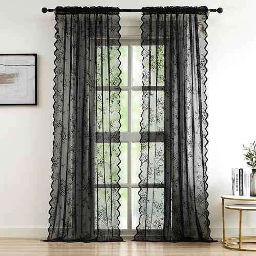 Bujasso Black Lace Curtains Vintage Floral Black Sheer Curtains 108 inch Rod Pocket Light Filtering Victorian Gothic Black Lace Sheer Drapes for Living Room Bedroom Halloween 2 Panels, 54" Wx108" L