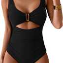 Eomenie Women's One Piece Swimsuit Tummy Control Ruched Bathing Suit Cutout V Neck Swimwear High Cut Tie Back Swim Suit (Black)
