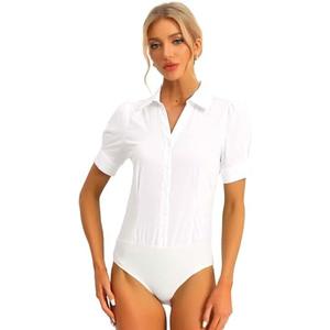 Allegra K Women's Button Down Leotard Shirt Short Sleeve Collared Business Work Bodysuit Tops S