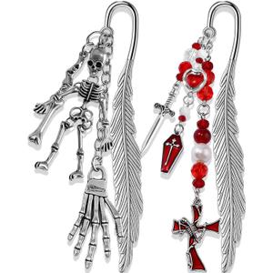 Buleens 2 Pack Bookmarks for Women Reading - Book Marks for Readers Book Lovers, Gothic Red Sword Skull Skeleton Personalized Metal Bookmark with Pendants, Aesthetic Book Accessories Reading Gifts
