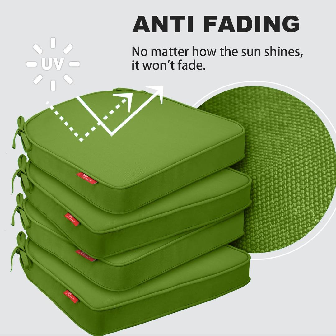 Pcinfuns Outdoor Chair Cushions Set of 4, Thick 19" x 19" x 3" Cushion for Patio Furniture, Round Corner Patio Chair Pads with Ties, Memory Foam Outdoor Seat Cushions, Grass Green