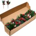WSTPUPU 32 Pcs Artificial Pine Picks 6.5inch Christmas Simulation Pine Needle with Red Berries Pinecones for Flower Arrangements Wreaths Christmas DIY Gift XmasTree Decorations