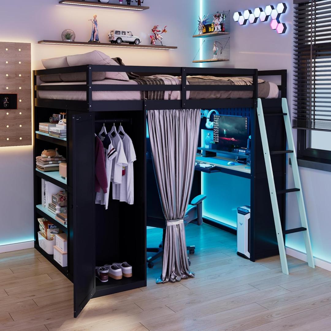 Merax Full Size Loft Bed with Desk and 6 Storage Shelves, Wardrobe, Blackout Curtain, Solid Wood Gaming Loft Bed Frame with USB Port & RGB Lights, No Box Spring Needed, Space-Saving, Black+Blue