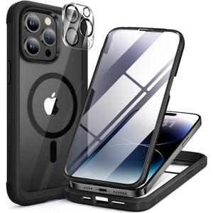 Miracase Magnetic for iPhone 14 Pro Case 6.1 inch, (Compatible with MagSafe) Upgrade Full-Body Clear Phone Bumper Case with Built-in 9H Tempered Glass Screen Protector, Black