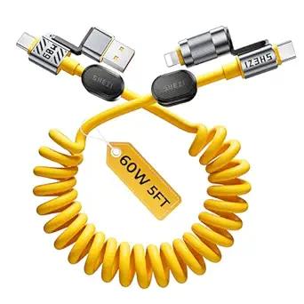 2025 4-in-1 USB C to Lightning Cable, 240W Fast Charging& Data Transfer, CarPlay& Android Auto Support,Multi Charger Cord Combo Lightning/Type C/USB A Port for iPhone iPad,5FT Yellow