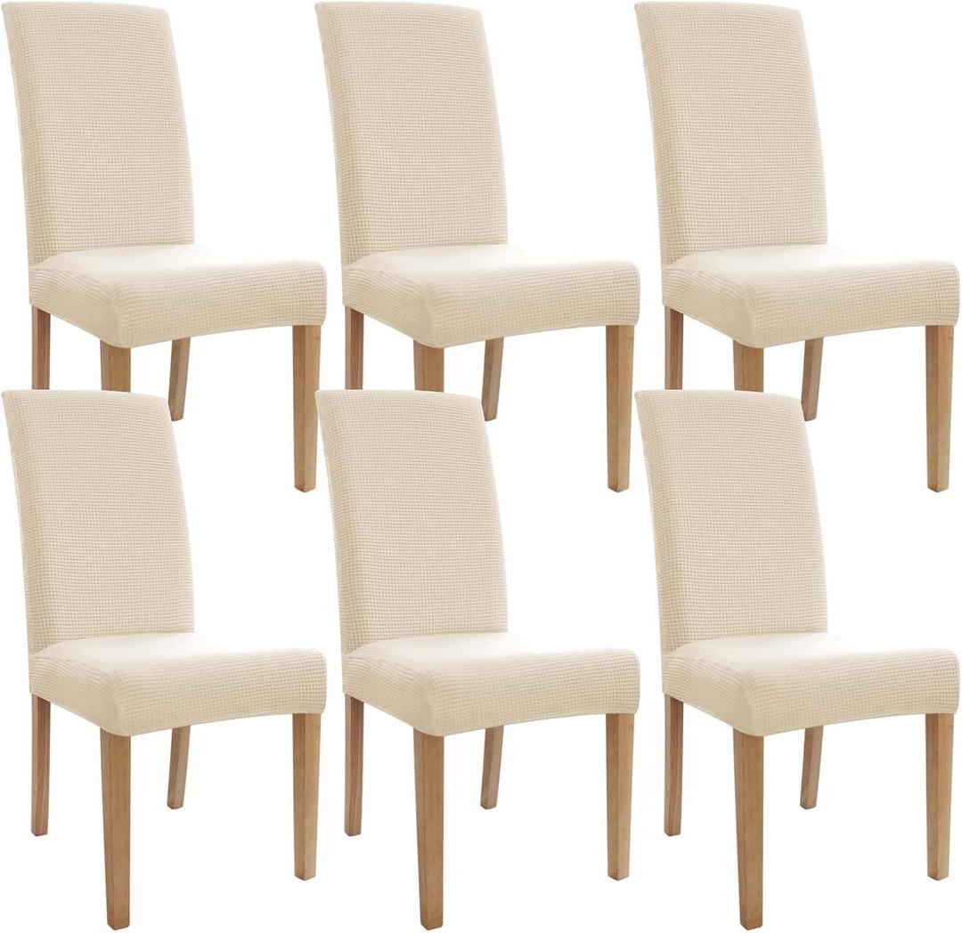 Dining Room Chair Covers,Chair Covers Set of 6, Soft And Stretchy,Cat Scratch Protection, Jacquard Fabric, Cream White, Regular Size, Dining Chair Cover Banquet Wedding, Kitchen, Hotel, Celebration