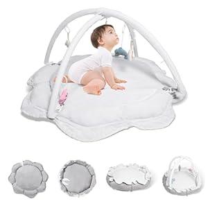 5in1 Baby Play Gym and Tummy Time Mat  Thick & Plush Baby Play Mat with 6 Sensory Toys, Convertible Activity Center for Newborn to Toddler, Ball Pit (No Balls Included) & Pet Cushion  Grey