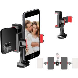 Manbily Phone Tripod Mount Adapter, 360 Rotatable Dual Cell Phone Holder Clip, Adjustable Clamp with 4 Cold Shoe, for Tripod Monopod Selfie Stick Vlog Live Streaming Video Recording