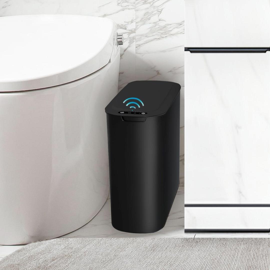 TIPGO Automatic Motion Sensor Bathroom Trash Can with Lid, 2.6 Gallon Touchless Trash Bin, Smart Garbage Can Plastic Slim Wastebasket for Bedroom, Office, Dorm (Black)