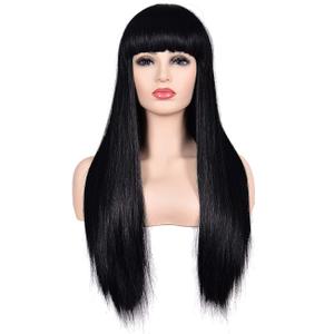 Morvally Women's 26" Long Straight Black Synthetic Resistant Hair Wigs with Bangs Natural Looking Wig for Women Halloween Cosplay