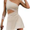LAMISSCHE Women's Tennis Dress Built with Bra and Shorts Workout One Shoulder Mini Dress Athletic Cut Out Golf Dress, Small