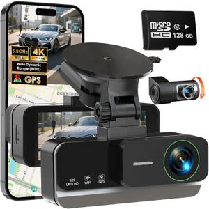 4K+4K Dash Cam Front and Rear, Free 128GB Card Included, 5.8GHz WiFi-20MB/s Fast Download, Dash Camera for Cars with Accurate GPS, G-Sensor, WDR Night Vision, 3.39" IPS Screen, 24H Parking Mode