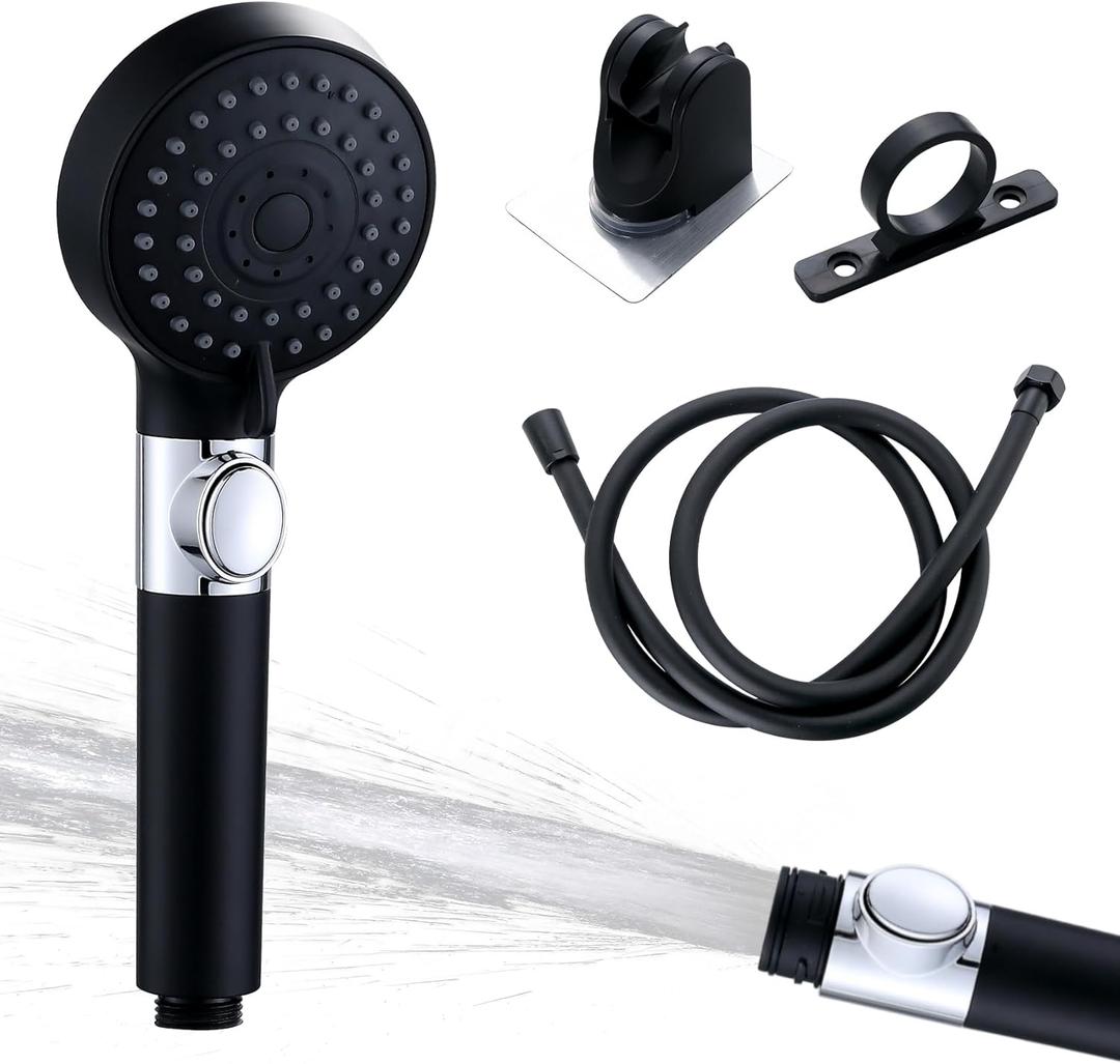 RV Shower Head with On/Off Switch and Hose. High-Pressure Handheld 5-Spray Mode Replacement Set for Campers, Outdoor, Travel Trailer, Motorhome. Adhesive Shower Holder and Hose Guide Ring, Black