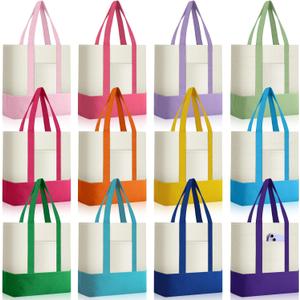 Sanwuta 12 Pcs Canvas Tote Bags Bulk with Outer Pocket Small Sublimation Blank Canvas Tote Reusable Grocery Bag for Women, DIY Craft (Vibrant)