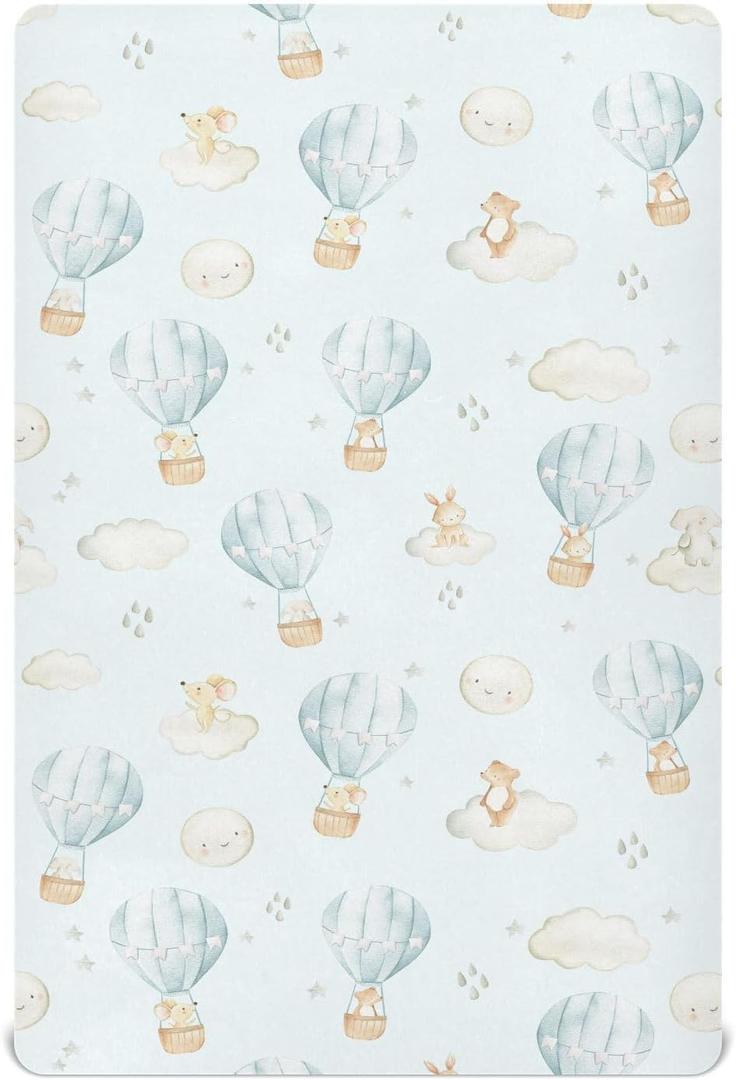 vvfelixl Crib Sheets for Boys Hot Air Balloon Rabbits Mouse Toddler Baby Girl Sheets for Crib,Neutral Mini Crib Nursery Mattress Sheets Fitted,Crib Mattress Soft & Breathable 52 * 28 * 9In White (Color 31)