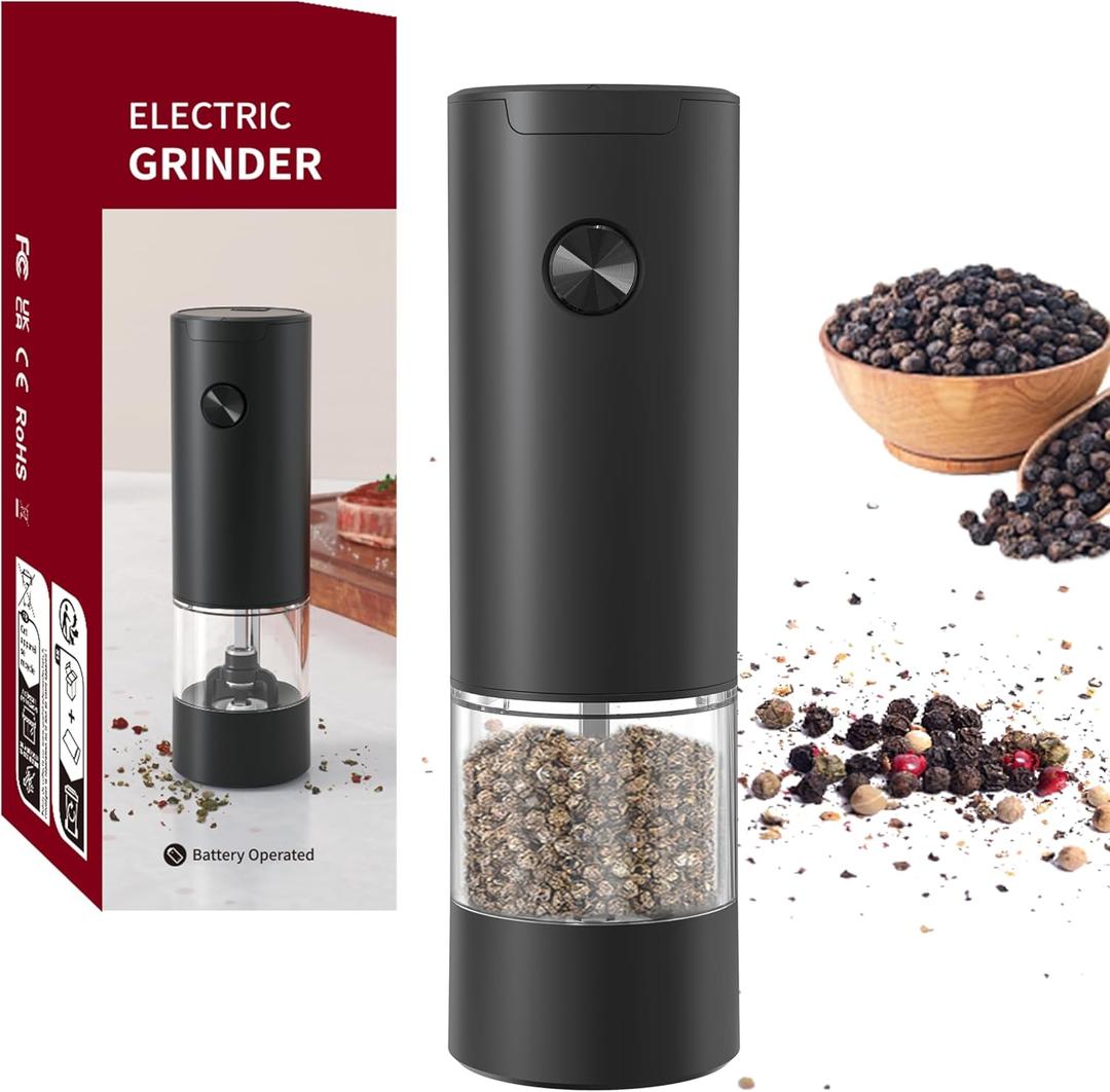 Electric Pepper Grinder or Salt Mill, Battery Powered Automatic Pepper Mill,One Hand Operation, LED Light, Ceramic Grinder with Adjustable Coarseness, One Hand Operation Black
