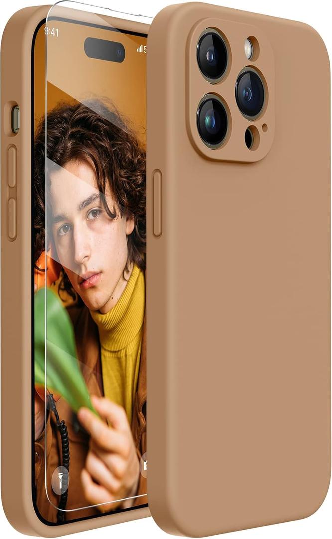 Miracase Designed for iPhone 14 Pro Max Phone Case with Screen Protector,[Upgraded Enhanced Camera Protection],Shockproof Liquid Silicone Case with Microfiber Lining,6.7 inch, Chocolate