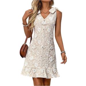 WDIRARA Women's Floral Textured Bow Tie Shoulder Short Dress Ruffle Sleeveless V Neck Tank Dresses (Beige, S)