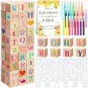 Wonderjune 147 Pcs Baby Shower Blocks Games Sets, 80 DIY Blank Wooden Block 42 Stencils 24 Watercolor Marker 1 Decorate a Block Game Sign for Gender Reveal Baby Shower Party Supplies(Honeybee)