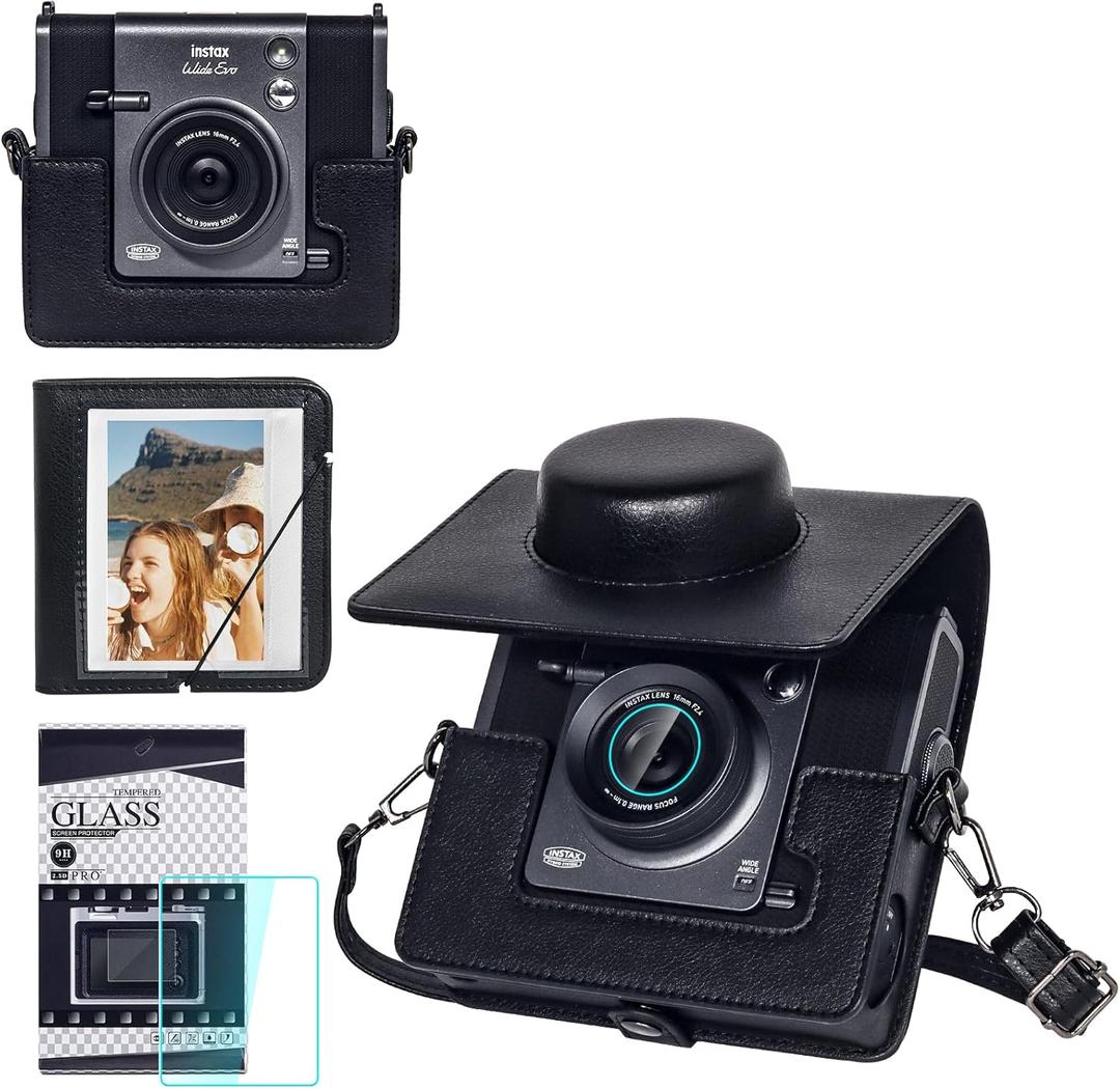 wogozan Carrying Case for Fujifilm Instax Wide EVO 2-in-1 Instant Film Camera and Printer, Retro Leather Case for Wide EVO with 28 Wide Album, Screen Protector and Len Flim (No Camera) - Black