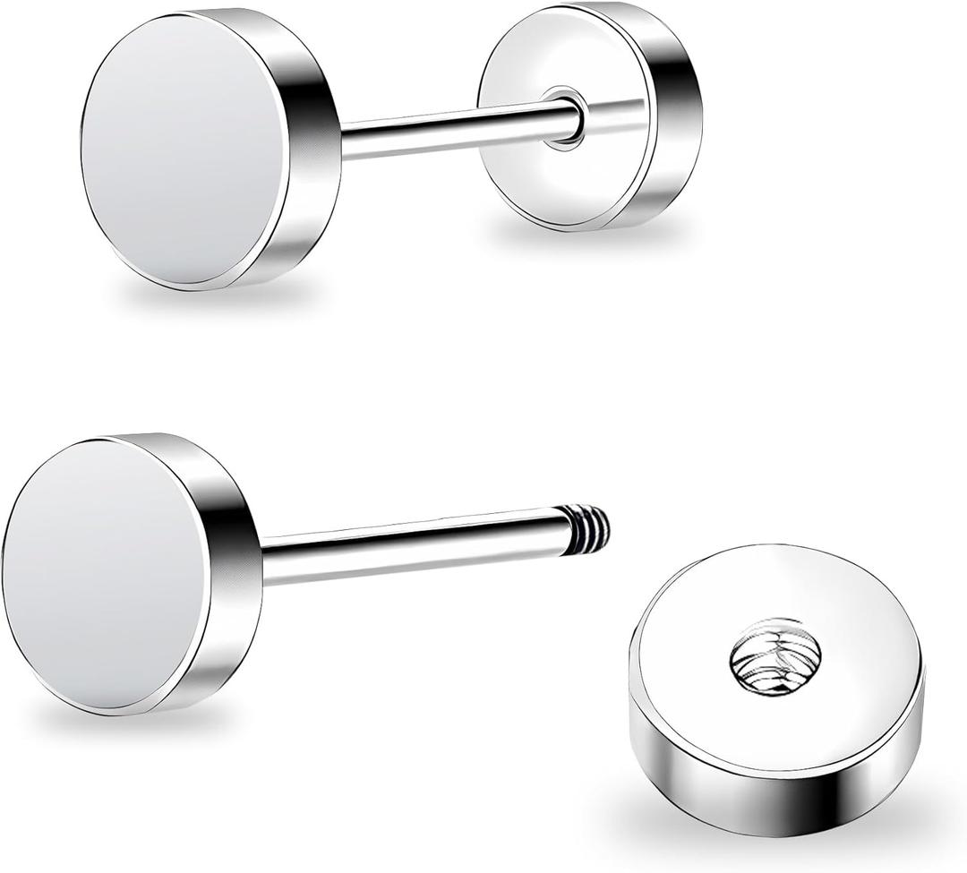 ZDE Women Earrings Flat Back Dot Earrings Titanium Hypoallergenic Cartilage Non-Nickel Earrings Studs for Sensitive Ears Simple Classic 3mm/4mm/5mm/6mm Screw On Stud Earring (Silver)