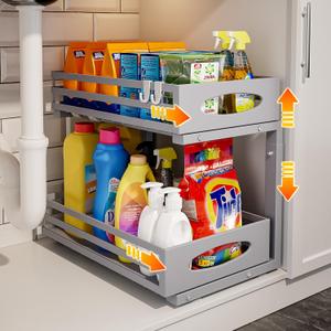 Under Sink Organizer, 2 Tier Under Sink Organizers and Storage, Adjustable Height, Slide Out Metal Cabinet Organizers, Pull Out Cabinet Storage Drawer Shelf for Kitchen Bathroom Gray, 1 Pack (Grey)