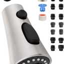 Universal Kitchen Faucet Head Replacement with 15 Adapter Kit Compatible with American Standard/Kohler/Moen/Delta Faucets, 3 Function Pull Down Sink Faucet Spray Head, Brushed Nickel