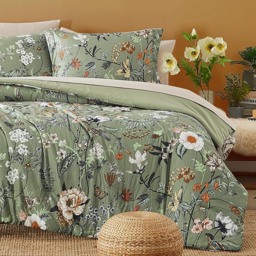 CASAAGUSTO King Size Comforter Set, 7 PCS Green Floral Comforter Set with Flowers Leaves Pattern, Soft All Season King Bedding Set(102"X90")