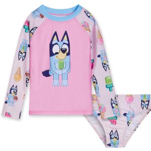 Bluey Girls Raglan Rash Guard and Bikini Bottom UPF 50+ Swim Set Toddler to Big Kid Sizes (2T - 10-12) (Pink)