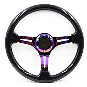 Universal 14" 350mm Car Racing Steering Wheel Quick Release Drifting Neo Chrome Spoke Black Wood Grain Steering Wheel with Horn Button