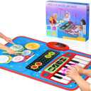 2-in-1 Musical Mat Toys for 1 2 3 4 5 Year Old, Piano Keyboard & Drum Set with 2 Drum Sticks, Early Educational Musical Learning Toys Birthday for 1 2 3 4 5 Year Old Boys & Girls, Blue