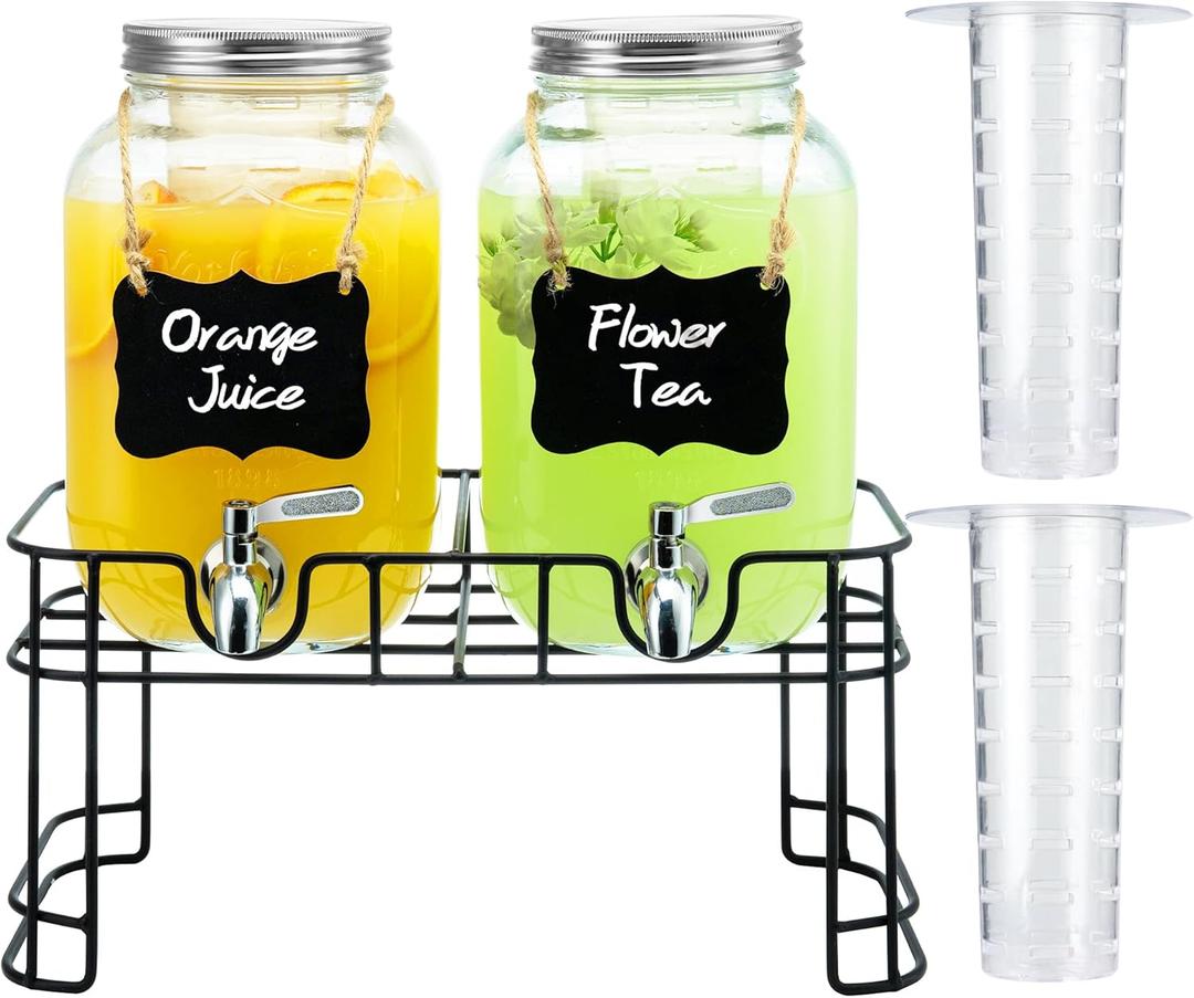 1 Gallon Glass Drink Dispensers for Parties, 2PACK Beverage Dispenser with Stand, Ice Cylinder and Stainless Steel Spigot 100% Leakproof, Beverage Dispenser for Lemonade Sun Tea