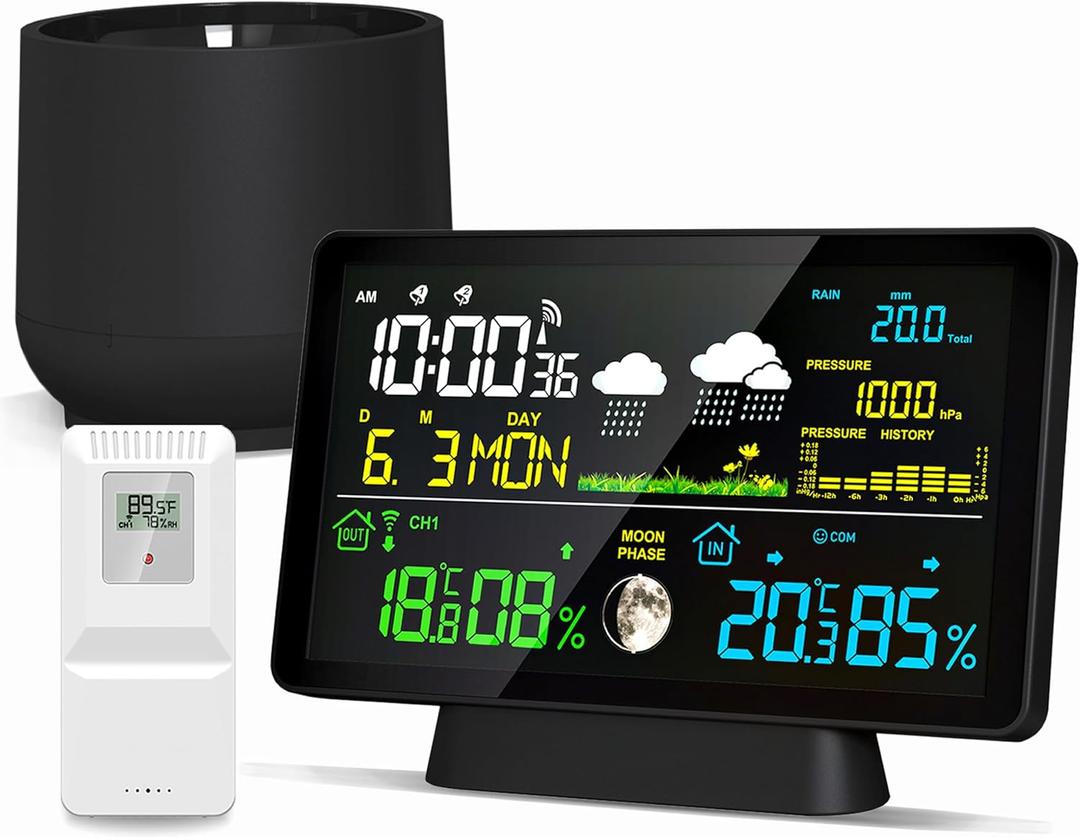 Wireless Rain Gauge and Weather Station, Digital Rain Gauge Outdoor Home Weather Station with Thermometer, Hygrometer, Atomic Clock, Weather Forecast and Barometer, Weather Station with Rain Gauges