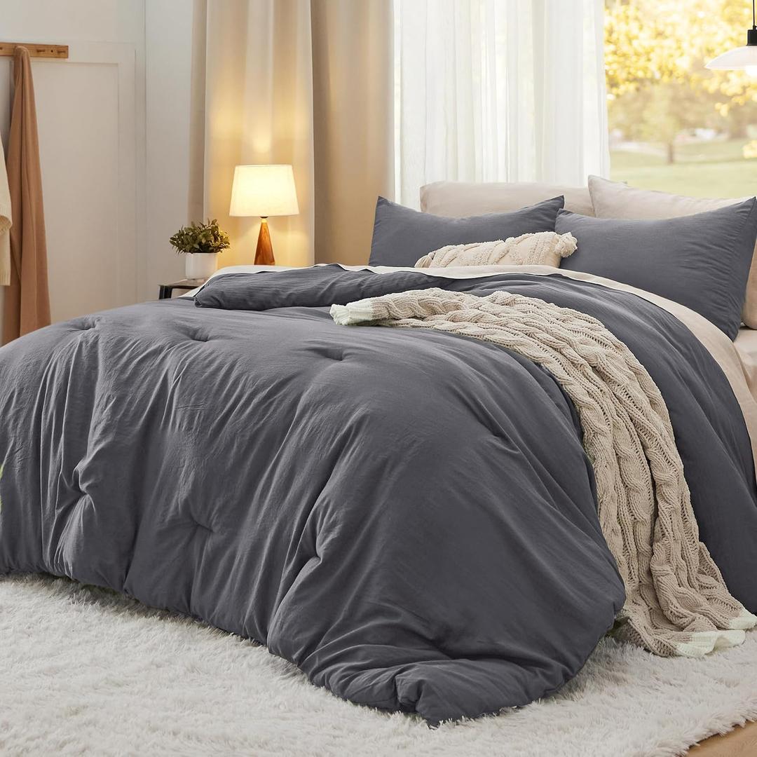 Bedsure Queen Comforter Set, Dark Grey Soft Prewashed Bedding for All Seasons, 3 Pieces GentleSoft Bed Set, 1 Lightweight Comforter (90"x90") and 2 Pillowcases (20"x26")