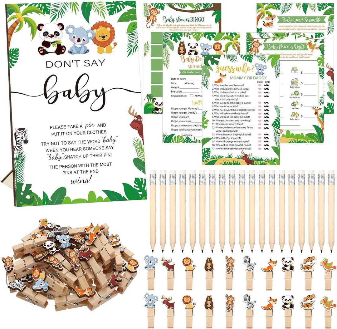 Patelai 321 Pcs Safari Baby Shower Games Supplies, Jungle Themed Baby Shower Games, 5 Sets (50 Cards Each) Activities Cards with 20 Pencils 1 Don't Say Baby Sign 50 Clothespin