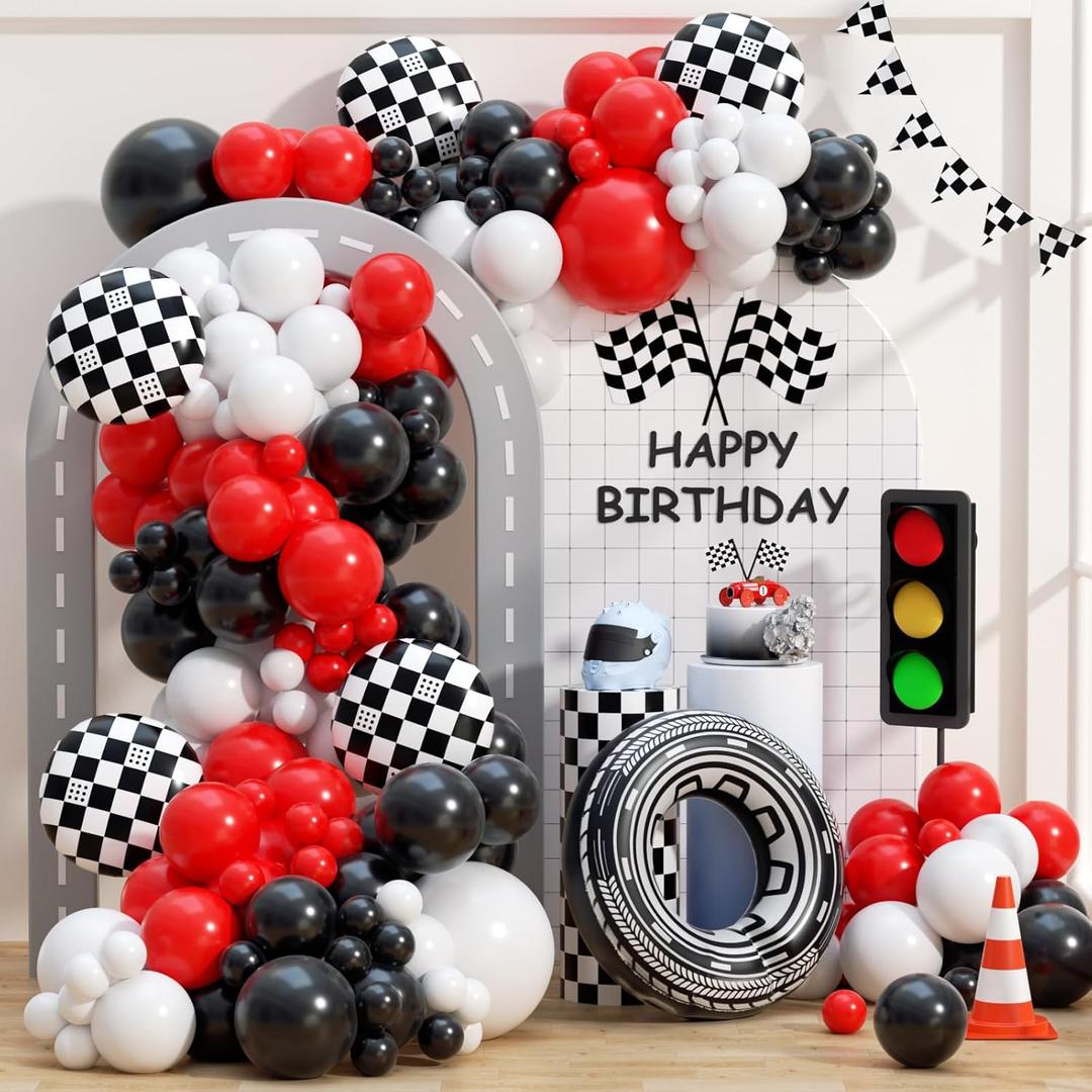 132pcs Race Car Balloon Garland Arch Kit, Black Checkered Wheel Tire Balloons Red Black White Latex Balloon for Race Car Two Fast Baby Shower Birthday Party Decorations
