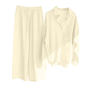 Women Long Sleeve Lapel Shirt Suits Fashion Retro Button Down Cotton Linen Work Blouse with Solid Elastic Waist Pant, S
