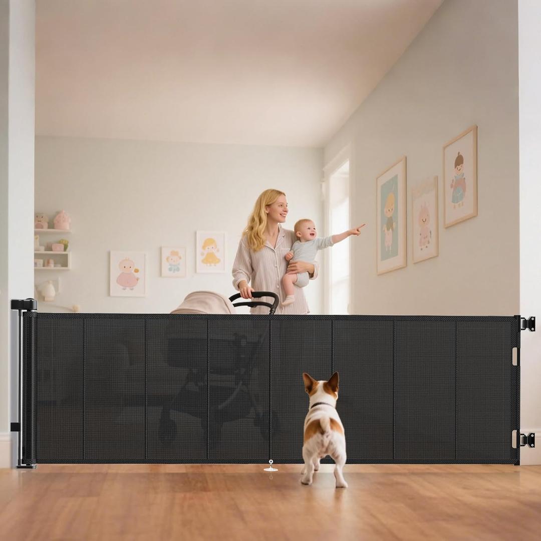 Miumoon 120 inch Retractable Baby Gates 34 inch Tall, Retractable Gate with Reinforced Strip Design to Prevent Crawling Through, 10 FT Extra Wide Retractable Dog Gate for Indoor/Outdoor