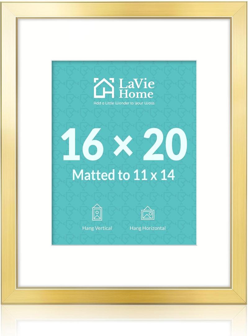 16x20 Picture Frame Gold Poster Frame,Display Pictures 11x14 with Mat or 16x20 Without Mat, Stable and Sturdy Frame and Polished Plexiglass, Horizontal and Vertical Format of The Walls