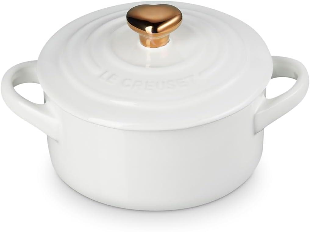Le Creuset Stoneware Mini Round Cocotte, 8oz., White with Gold Heart Knob