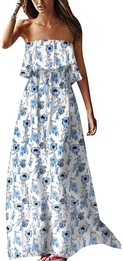 ZMPSIISA Women's Summer Off The Shoulder Maxi Dress Ruffle Strapless Blue White Porcelain Boho Casual Loose Long Dresses, Small
