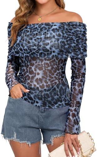ZAFUL Women's Sexy Off The Shoulder Mesh Tops Sheer Stretchy Shirts Party Going Out Blouse Size M