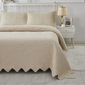 Brandream King Size Quilt Set Cotton Luxury Matelasse Bedding Beige Quilt Vintage Scalloped Coverlet Set 3 Piece