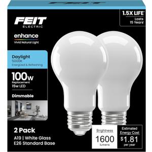 Feit Electric A19 LED Light Bulbs, 100W Equivalent, Dimmable, E26 Standard Base, 90 CRI, 1600 Lumens, 5000K Daylight, General Purpose Light Bulbs, 17,000-Hour Lifetime, A100/950CA/FIL/2, 2 Pack